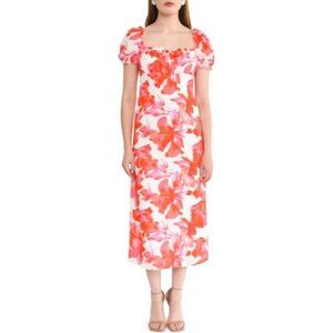 NWT WAYF Large Floral Print Maxi Dress Puff Sleeves & Tie Neckline